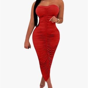 Strapless Ruched Red Bodycon Midi Dress